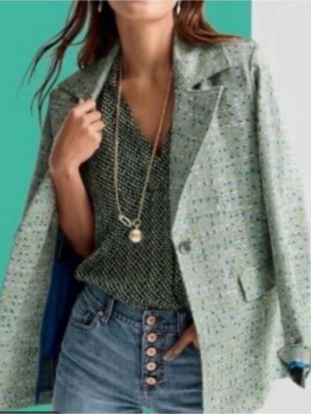 CAbi Light Green Tweed Single-Button Blazer